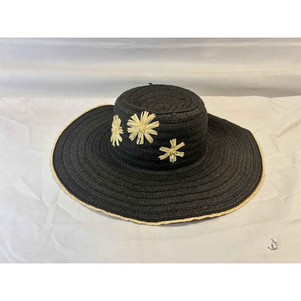 Kmart Black Straw Sun Hat Wide Brim Raffia Sunflower Daisy Summer Beach Floppy